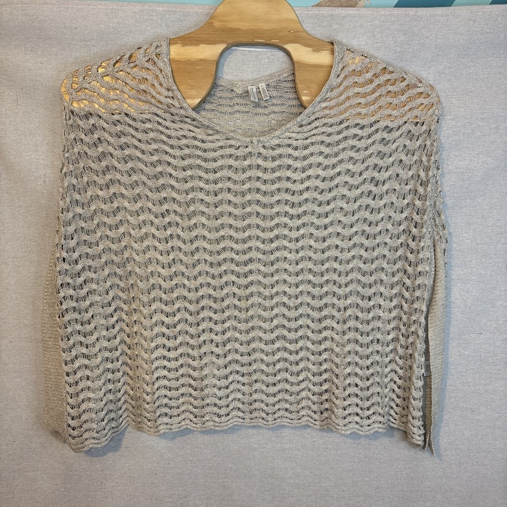 Madison Womens Shawl‎ Linen Blend Large Knit Crochet Metallic Beige Sheer Party